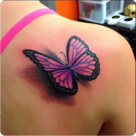 Lovely Pink And Black 3D Butterfly Tattoo On Back Shoulder | 3d ...