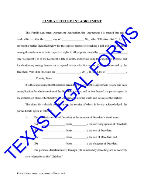 Family Settlement Agreement - Texas Legal Forms by David Goodhart, PLLC