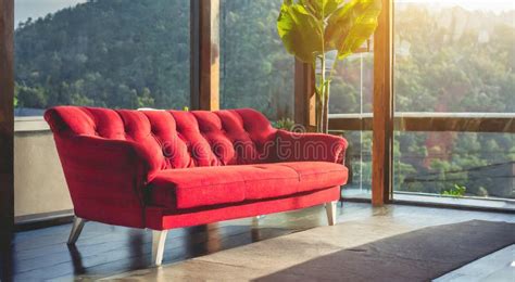 Red Sofa with Morning Light. Minimalist Style in Luxury Living Room Stock Image - Image of empty ...