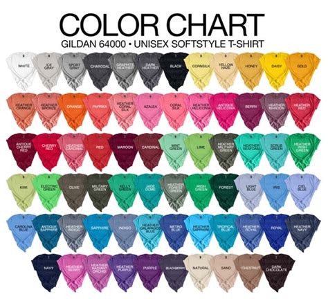 Gildan 64000 Color Chart 70 Colors Gildan Softstyle T-shirt - Etsy