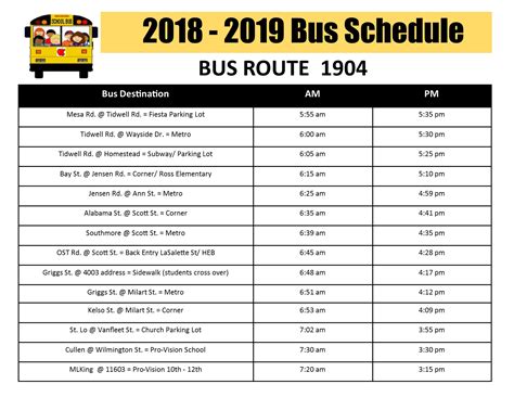 2018-2019 New Bus Schedule - 1904 - Pro-Vision Inc