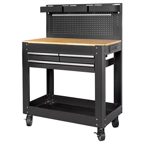 Husky Deluxe 3-Drawer Rolling Work Bench with Wood Top and Pegboard Backing in Black | The Home ...