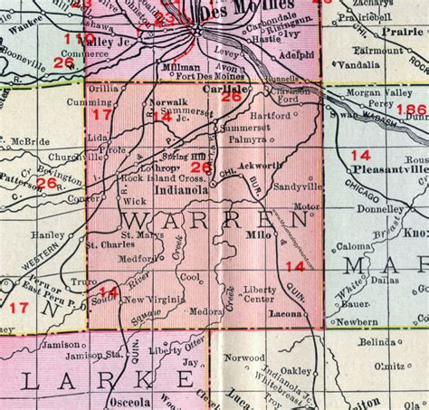 Warren County, Iowa, 1911, Map, Indianola, Carlisle, Norwalk, Milo