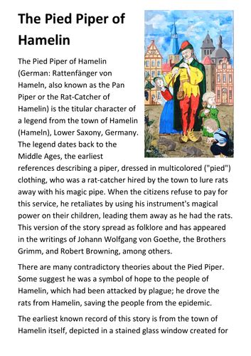 The Pied Piper of Hamelin Handout | Teaching Resources