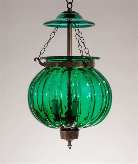 Antique Emerald Green Glass Pumpkin or Melon Bell Jar Lantern Pendant Light from Belgium | Fair ...