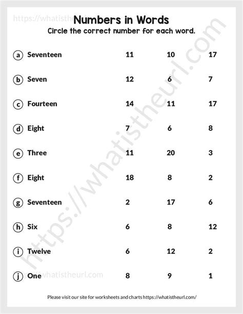 Number as Words (1-20) Worksheet for Grade 1 – Exercise 2 (10 Pages, 100 Questions) | 1st grade ...