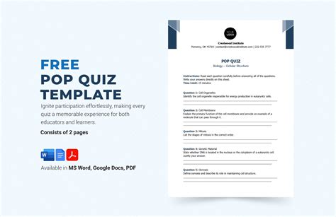 Pop Quiz Template in MS Word, Portable Documents, GDocsLink - Download