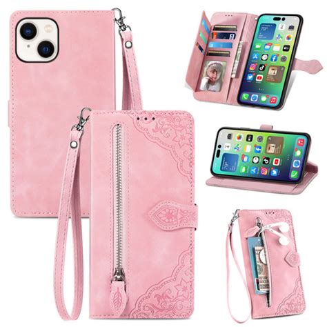 iPhone 14 Leather Zipper Wallet Case with Wrist Strap and 7 Card Slots Pink