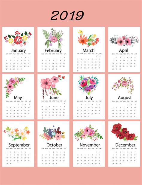 2019 Calendar Floral Template Free Stock Photo - Public Domain Pictures