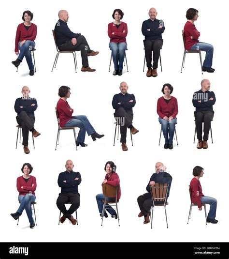 woman and man sitting on a chair with various poses on white Stock ...