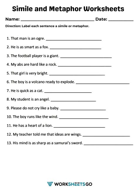 Simile and Metaphor Worksheets | WorksheetsGO