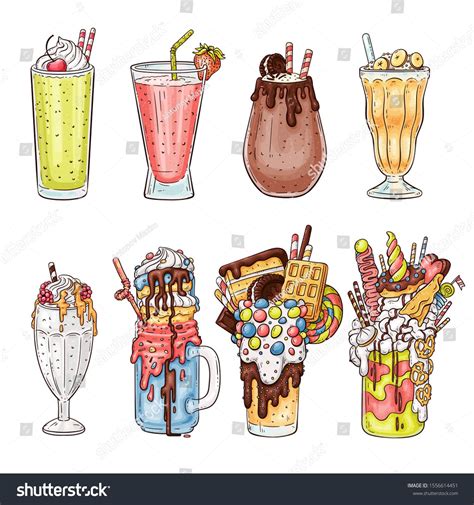 Colorful milkshake drawing set from healthy berry drink to crazy candy sweets overload cocktails ...