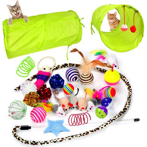 Youngever 24 Cat Toys Kitten Toys Assortments, 2 Way Tunnel, Cat Feather Teaser – Wand ...