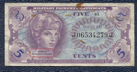 U. S. A. Military Payment Certificate Mpc 5 Cents Series 641 Nickel