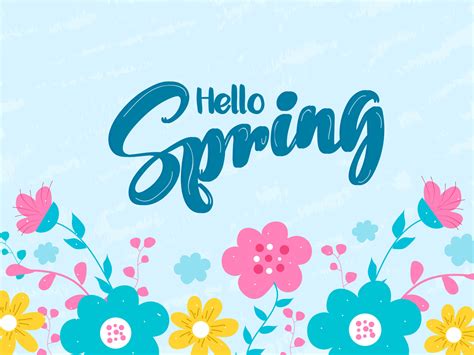 Hello Spring Font with Flowers and Leaves Decorated on Blue Grunge Background. 20745384 Vector ...