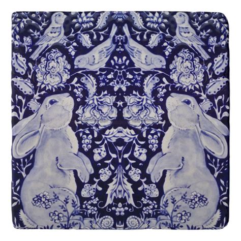 Blue and White Rabbit Bunny Birds Floral Easter Trivet | Zazzle | White ...