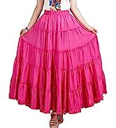 Saukiee Women's Bohemian Elastic Waist Long Skirt Cotton Circle Ruffle ...