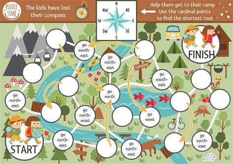 Summer camp dice board game for children with map and compass points. Active holidays boardgame ...