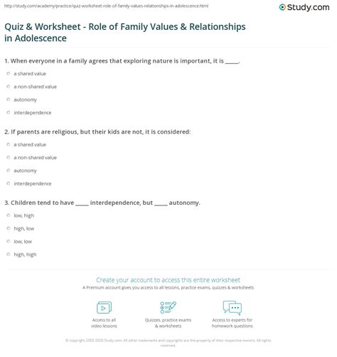 Quiz & Worksheet - Role of Family Values & Relationships in Adolescence ...