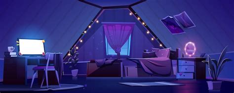 Free Vector | Girl bedroom interior on attic at night