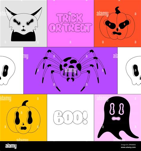 Halloween seamless pattern. Black spooky characters in bright frames ...