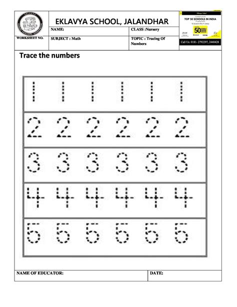 Tracing Of Numbers Worksheet