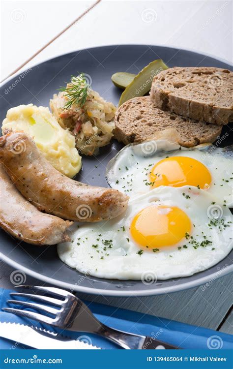 German Breakfast on a Grey Plate Stock Photo - Image of fried ...