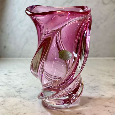Superb extra large pink spiral crystal vase by Val Saint Lambert