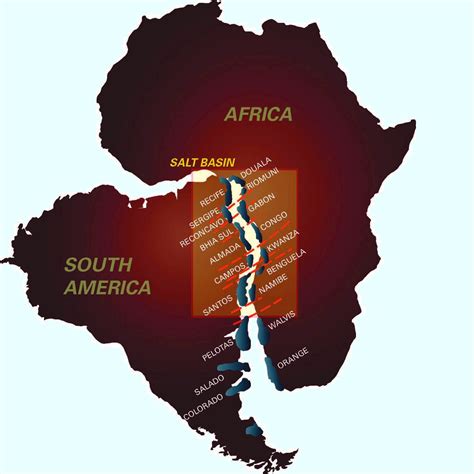 Map showing the South America- Africa Tectonic Rift Pangaea, Plate ...