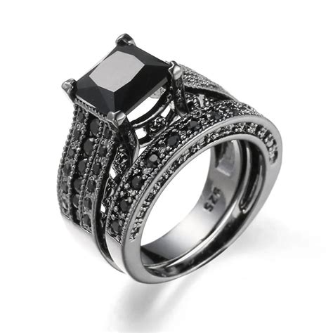 2 in 1 Womens Vintage Black Silver Engagement Wedding Band Ring Set Jewelry women rings Lover ...