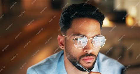 Premium Photo | Night reflection and glasses of businessman at computer for digital software and ...