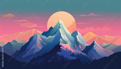 majestic beautiful mountain illustration cartoon flat style simple digital poster design ...