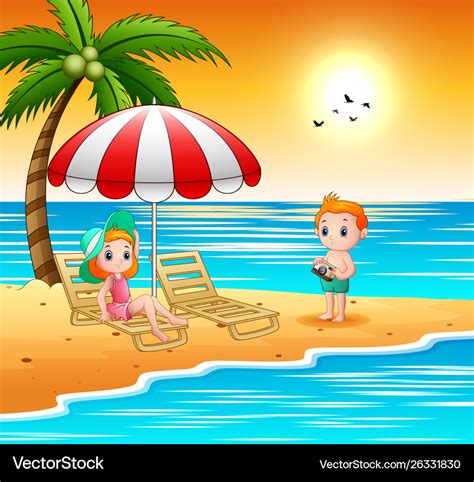 Cartoon children relax at beach Royalty Free Vector Image