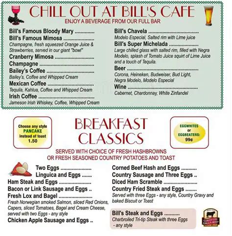 Bill's Cafe Menu, Menu for Bill's Cafe, Willow Glen, San Jose - Urbanspoon/Zomato