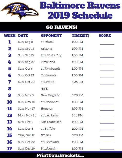 Baltimore Ravens Schedule Printable