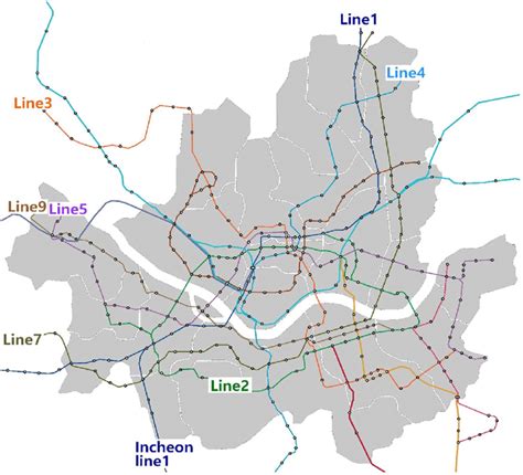 Location of subway lines 1, 2, 3, 4, 5, 7, and 9, and Incheon line 1 in... | Download Scientific ...