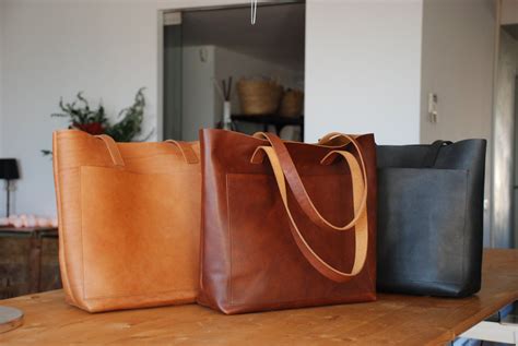 Tan / Cognac Leather Tote Bag With Large Outside Pocket. - Etsy