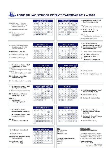 2017 - 2018 Fond Du Lac School Calendar | Fond Du Lac School District ...