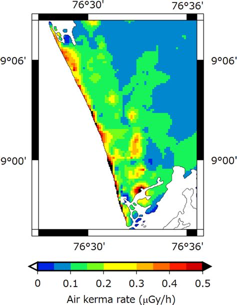 The distribution map of air kerma rate in Karunagappally Taluk. This ...