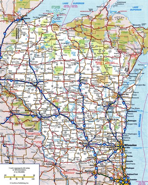 Wisconsin roads map with cities and towns highway freeway state free