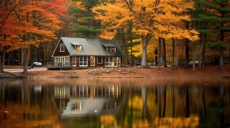 Premium AI Image | A cabin by the lake with fall colors.