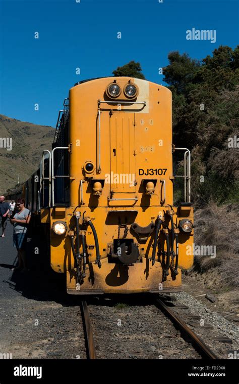 New Zealand, Dunedin, Dunedin Railways Taieri Gorge scenic train. Yellow diesel-electric class ...