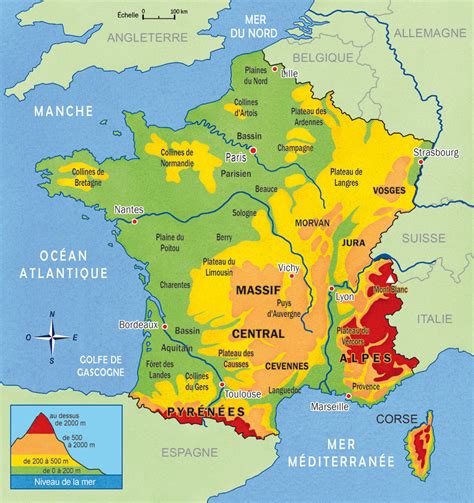 Carte de France avec relief montagnes et plaines