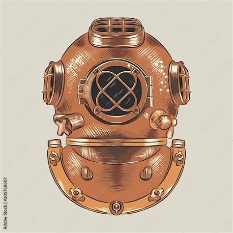 Antique heavy brass or copper diving helmet vector illustration. Vintage scuba suit part ...