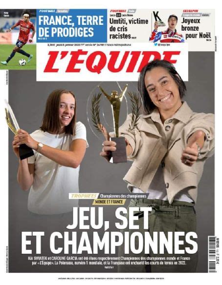 Caroline Garcia, Iga Swiatek, L'equipe Magazine 05 January 2023 Cover ...