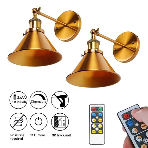 NuNulamp 2-Pack LED Battery Operated Wall Sconces Golden Copper Plating Wireless Wall Sconce ...