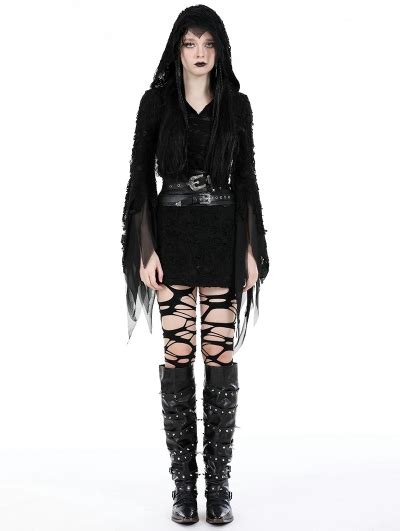 Black Gothic Evil Devil Ragged Slim Hooded Mini Dress - Devilnight.co.uk