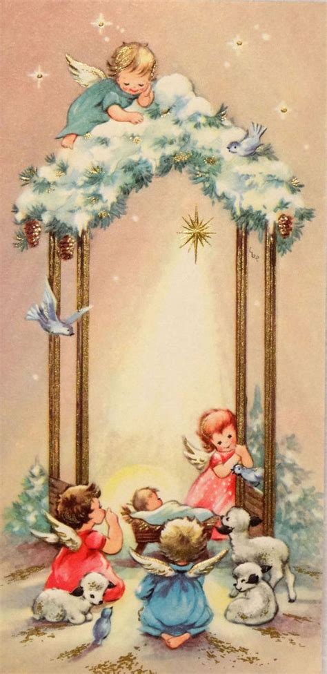 Vintage Christmas Card: The Angels Adoring Jesus