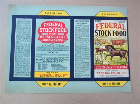 Old Vintage c.1910's FEDERAL STOCK FOOD Box LABEL - Mifflinburg PA. HORSE - COW