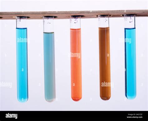 Fehling's test for sugars. Five test tubes showing the colour changes ...